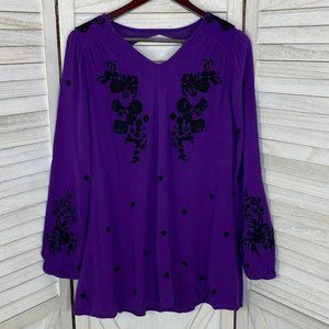Denim 24/7 Embroidered Floral Cut Out Back Tunic Blouse Purple Black 12W